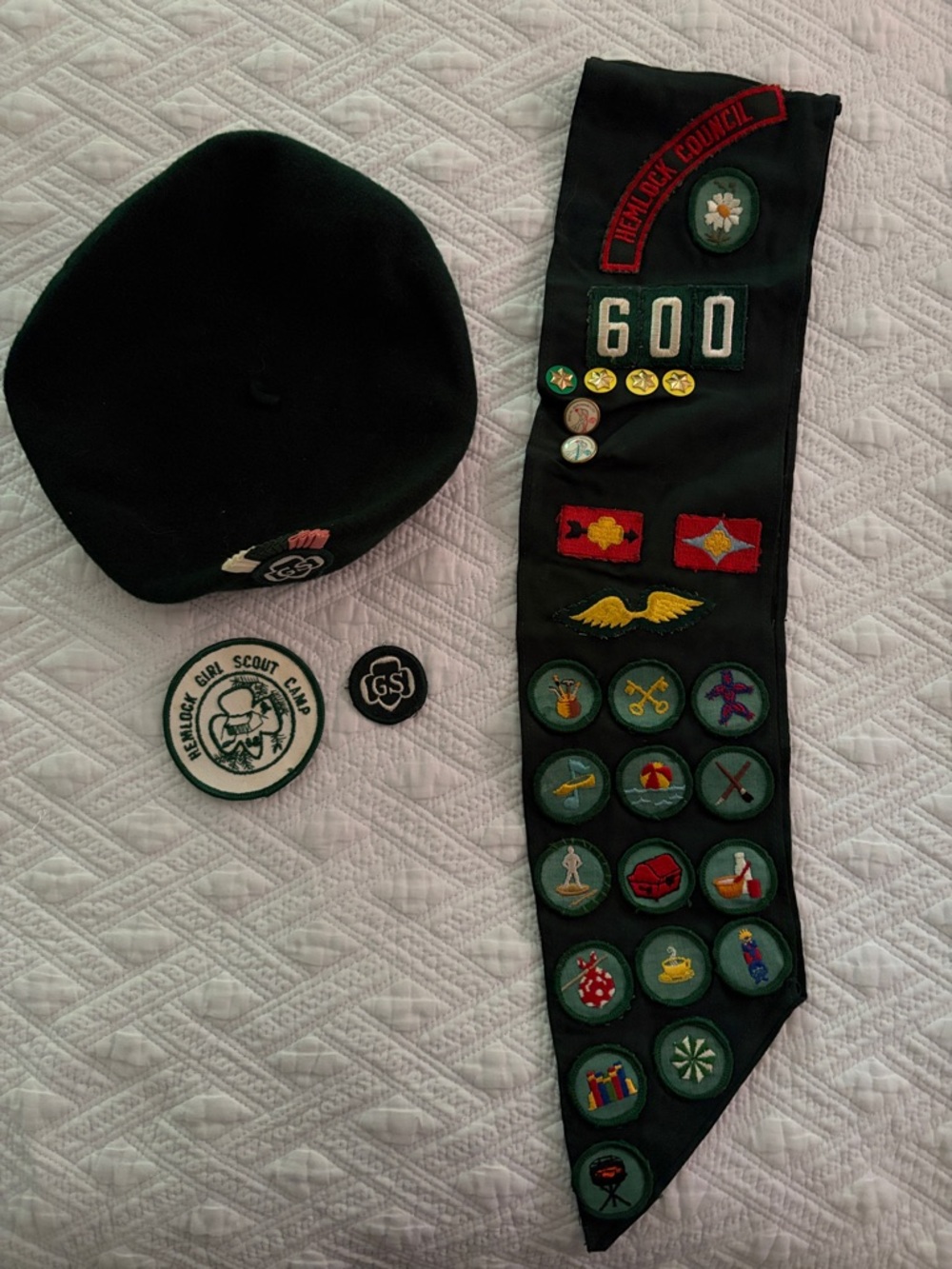 Girl Scout Vintage Green Beret & Sash with Merit Badges late 60’s early 70’s.